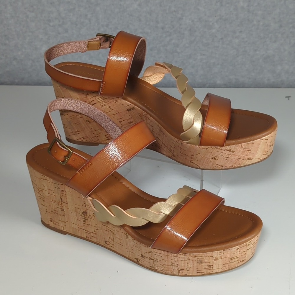 Nicole Debbie Cork‎ Platform Wedge Sandals Brown Metallic Ankle Strap Womens 10